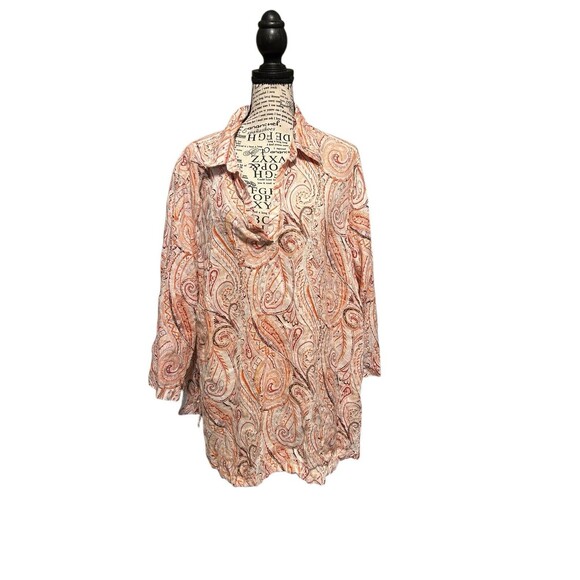 Rachele Zoe 100% LINEN 3/4 SLEEVE PULLOVER PAISLEY TUNIC TOP V-NECK 2X Tunic - Picture 1 of 10